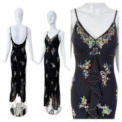 Vestido de noche largo de seda negro vintage con adornos florales multicolores de SUE WONG