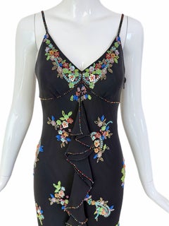 Vestido de noche largo de seda negro vintage con adornos florales multicolores de SUE WONG