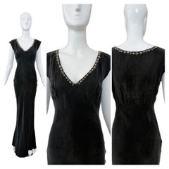 LES HABITUDES 90's Vintage Jet Black Floral Neckline Slip Gown Maxi Dress