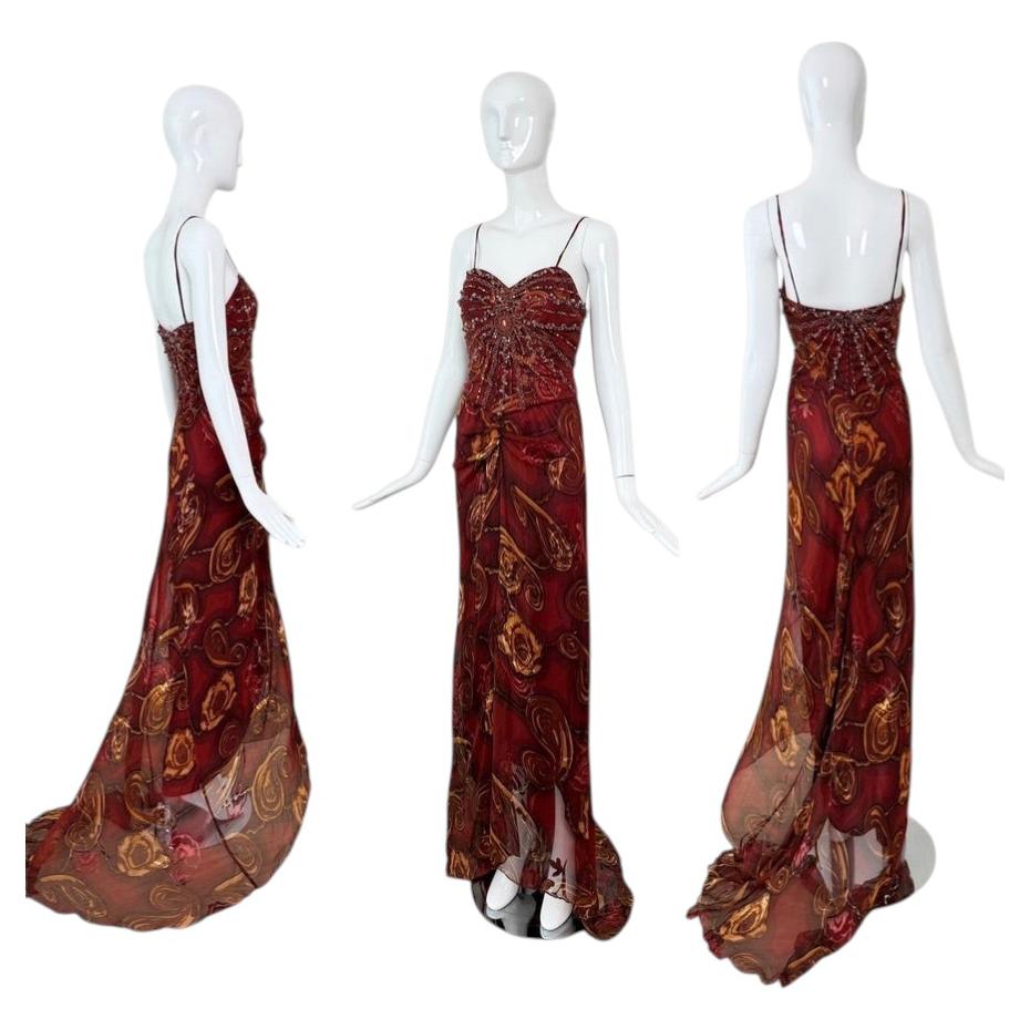 SUE WONG Vintage Silk Burgundy Embellished Evening Gown w. Train Maxi Dress