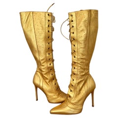 DIOR by JOHN GALLIANO 2000 Vintage Gold Leather Embossed Ostrich Lace Up Boots