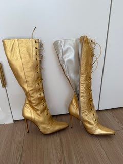 DIOR by JOHN GALLIANO 2000 Vintage Gold Leather Embossed Ostrich Lace Up Boots