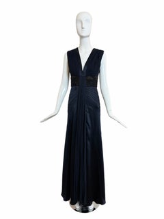 J. MENDEL Seta blu notte con Abito da sera lungo con decorazioni nere