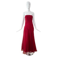RICHARD TYLER Vintage Silk Red Strapless Ankle Length Dress Maxi Gown
