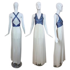 EMA SAVAHL COUTURE Custom Hand Painted Blue + Ivory Grecian Gown Maxi Dress