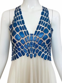 EMA SAVAHL COUTURE Custom Hand Painted Blue + Ivory Grecian Gown Maxi Dress