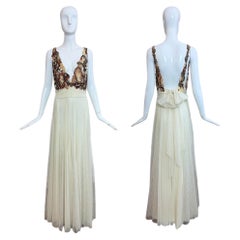EMA SAVAHL COUTURE Hand Painted Ivory Pleated Lace Backless Gown Maxi Dress