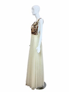 EMA SAVAHL COUTURE Hand Painted Ivory Pleated Lace Backless Gown Maxi Dress