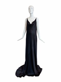 Les Habitudes 90's Vintage Black Liquid Satin Cowl Neck Evening Gown w. Train