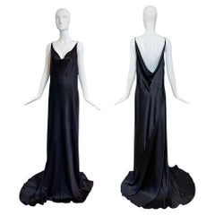 Les Habitudes 90's Vintage Black Liquid Satin Cowl Neck Evening Gown w. Train