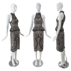 Eavis & Brown Vintage Hand-Beaded Silk Silver Embellished Skirt Set