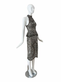 Eavis & Brown Vintage Hand-Beaded Silk Silver Embellished Skirt Set