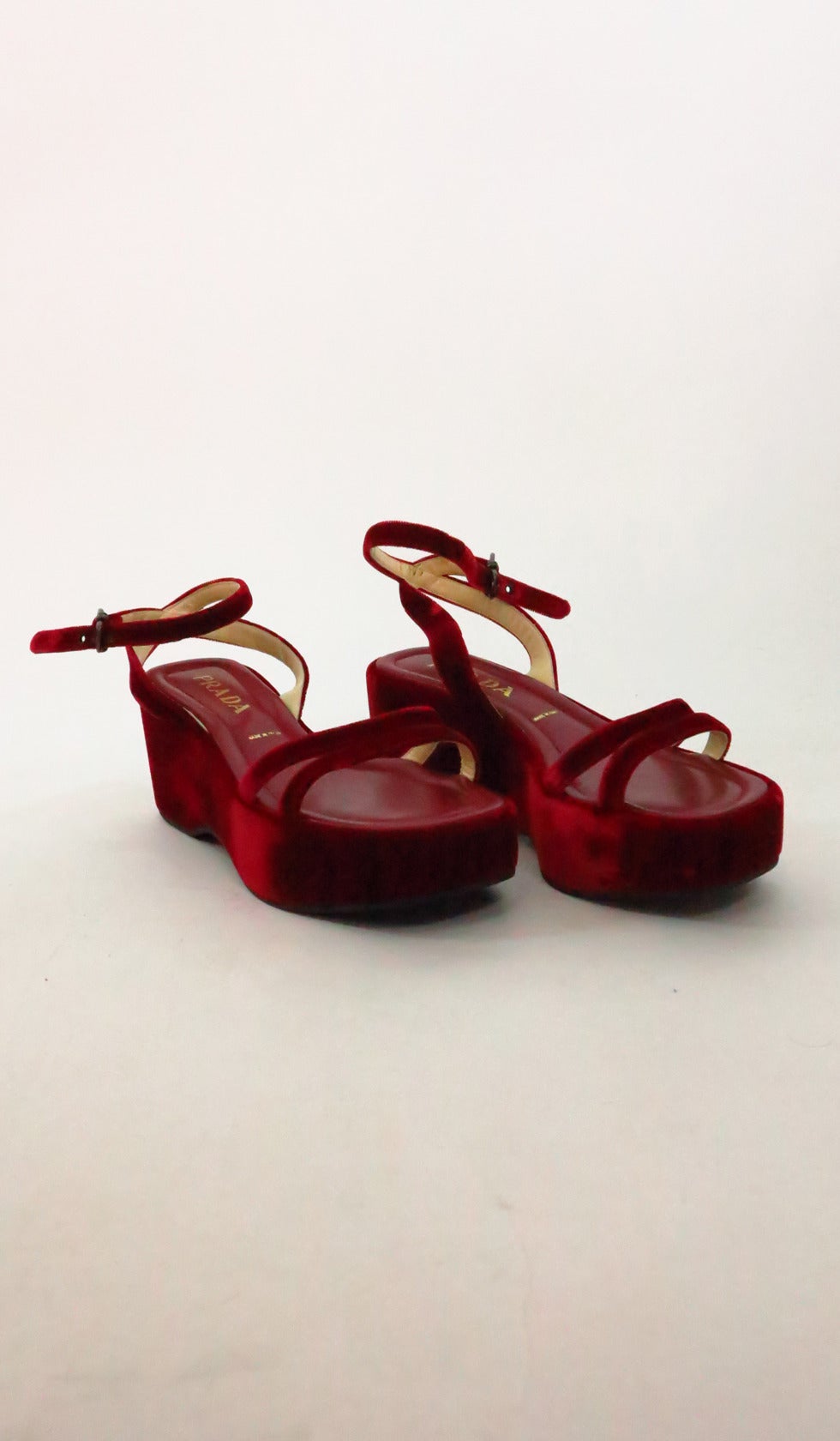 prada red velvet platform sandals