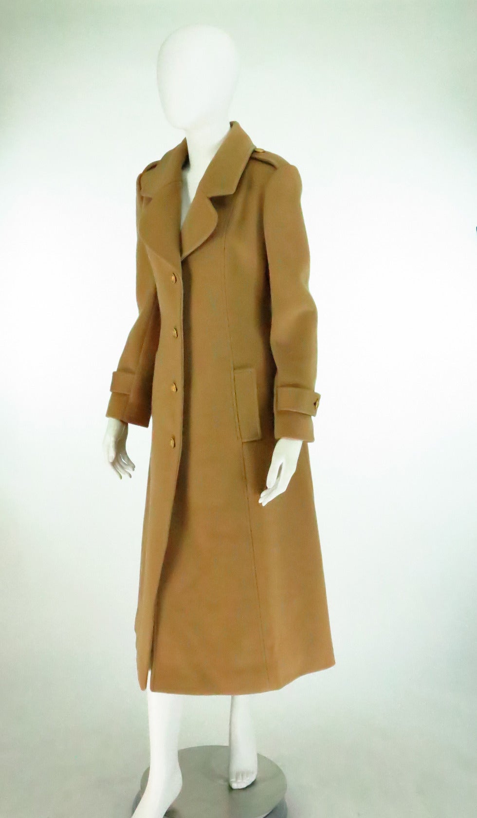 Brown 1960s Adolfo camel tan double face wool military style coat