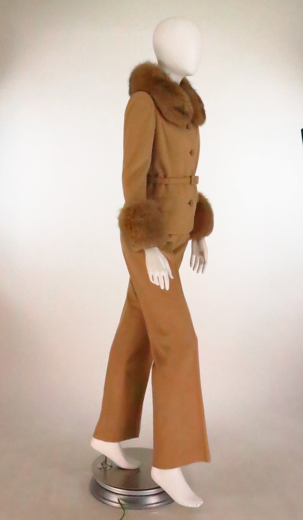 Brown 1960s Martha Palm Beach fur trimmed 100% camel hair trouser set