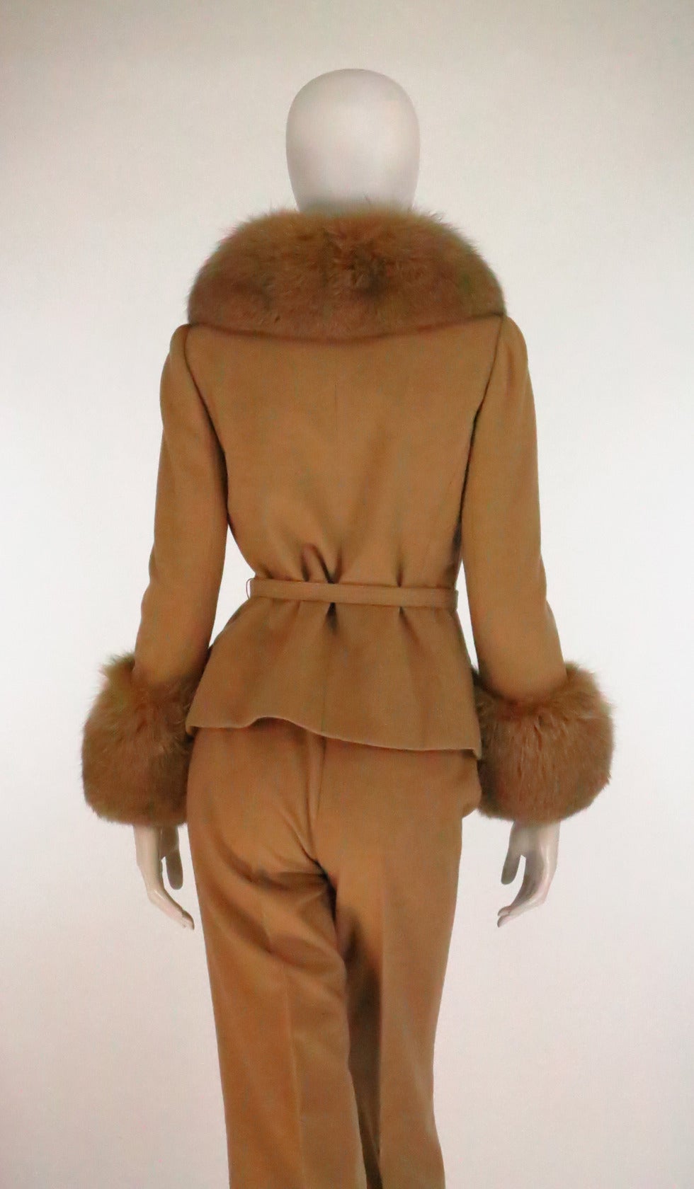 Women's 1960s Martha Palm Beach fur trimmed 100% camel hair trouser set