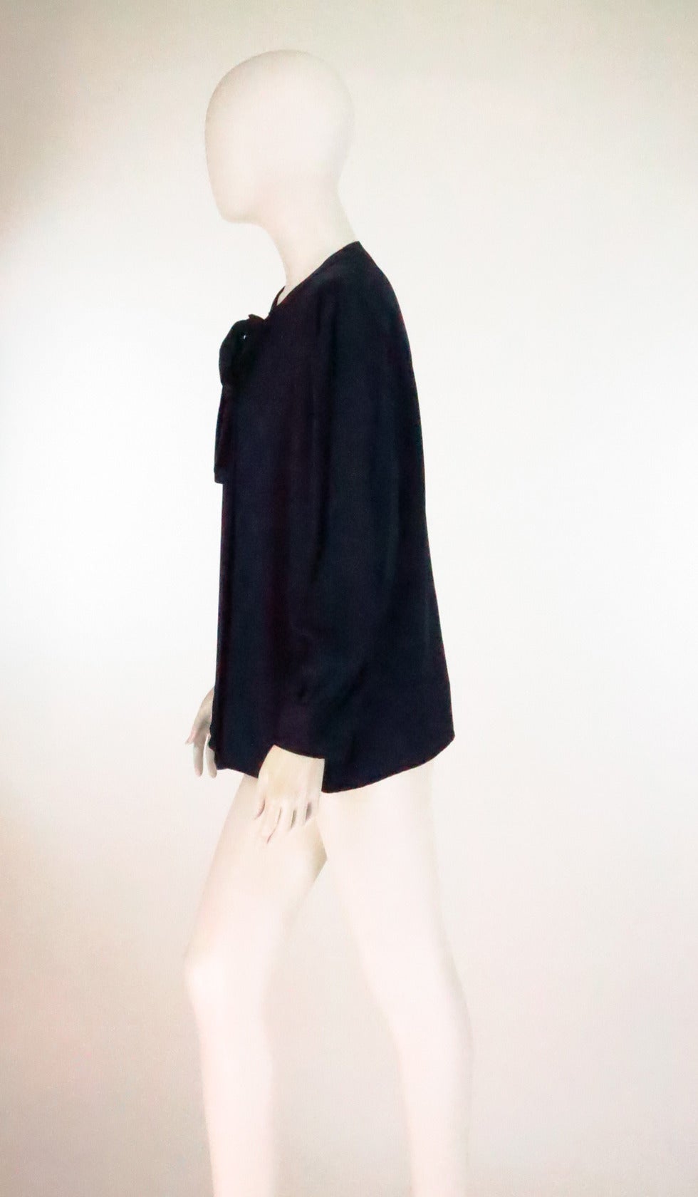 1990s Yves St Laurent navy blue silk bow tie blouse In Excellent Condition In West Palm Beach, FL