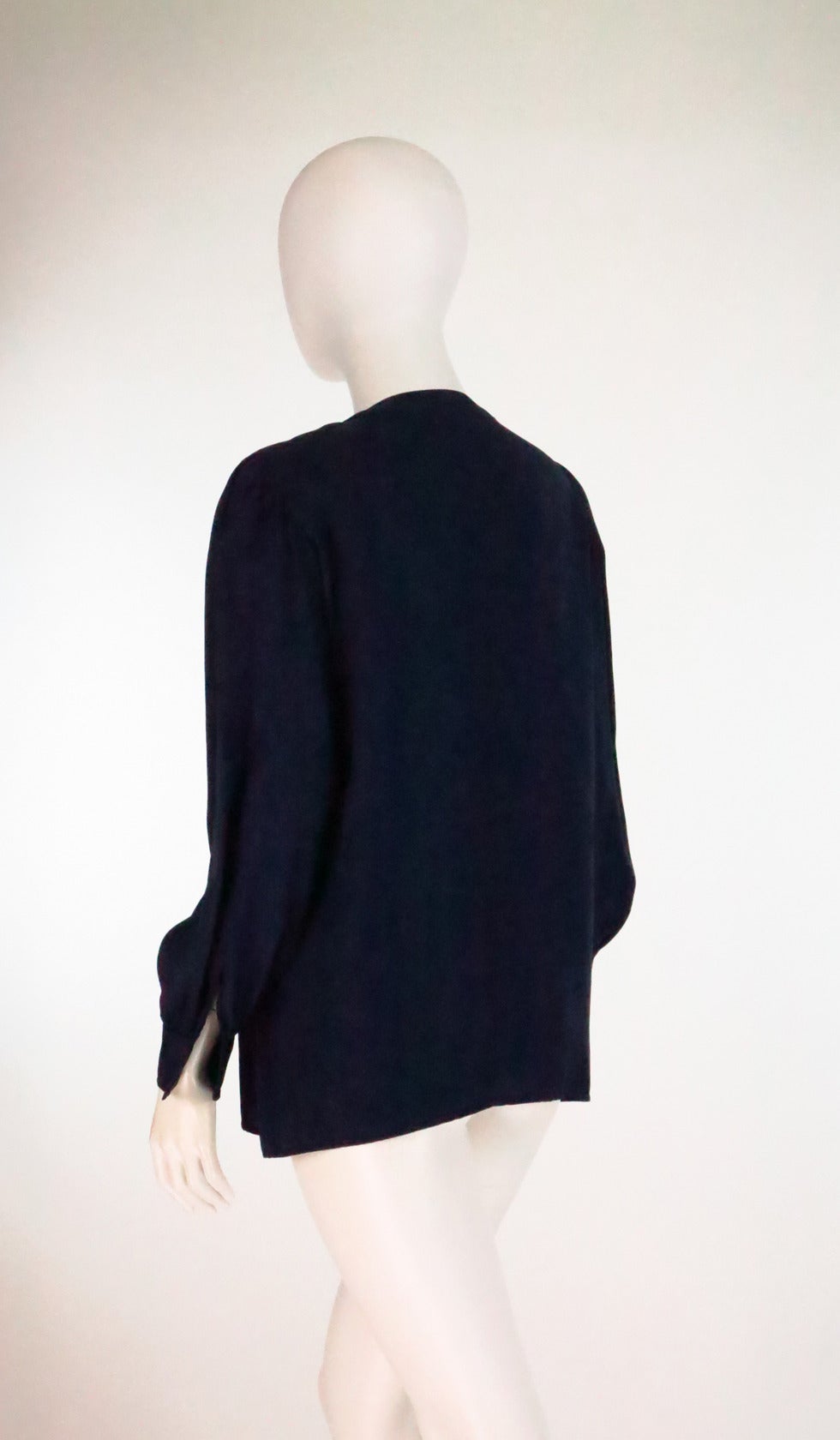 Women's 1990s Yves St Laurent navy blue silk bow tie blouse