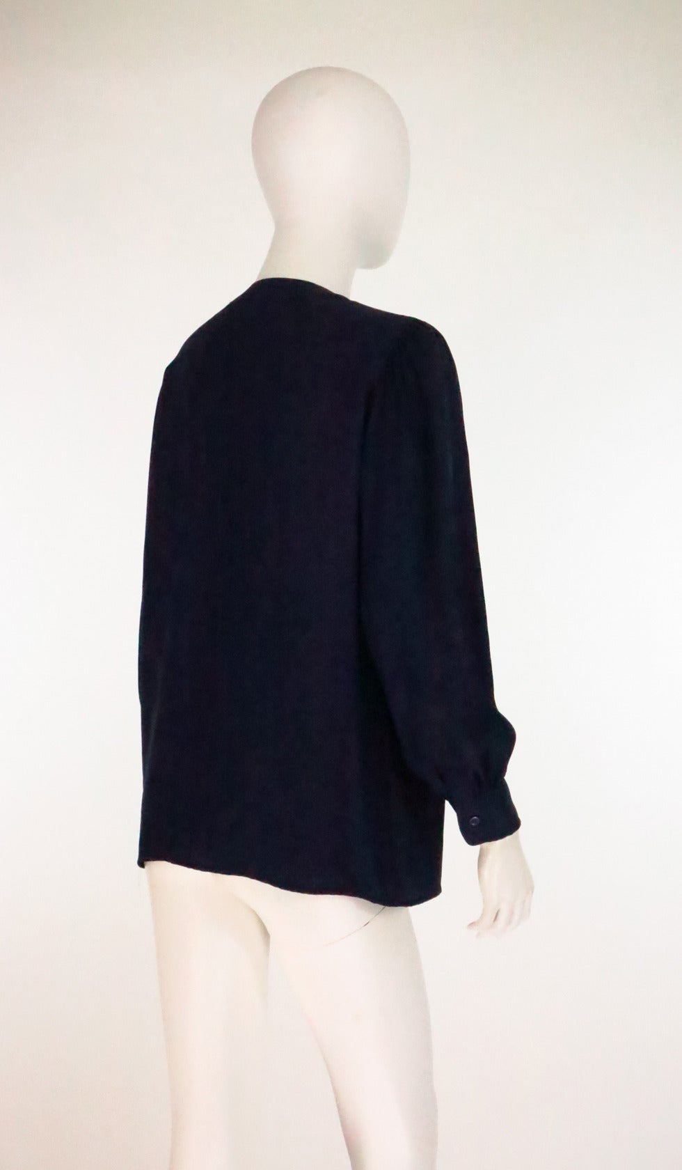 1990s Yves St Laurent navy blue silk bow tie blouse 2