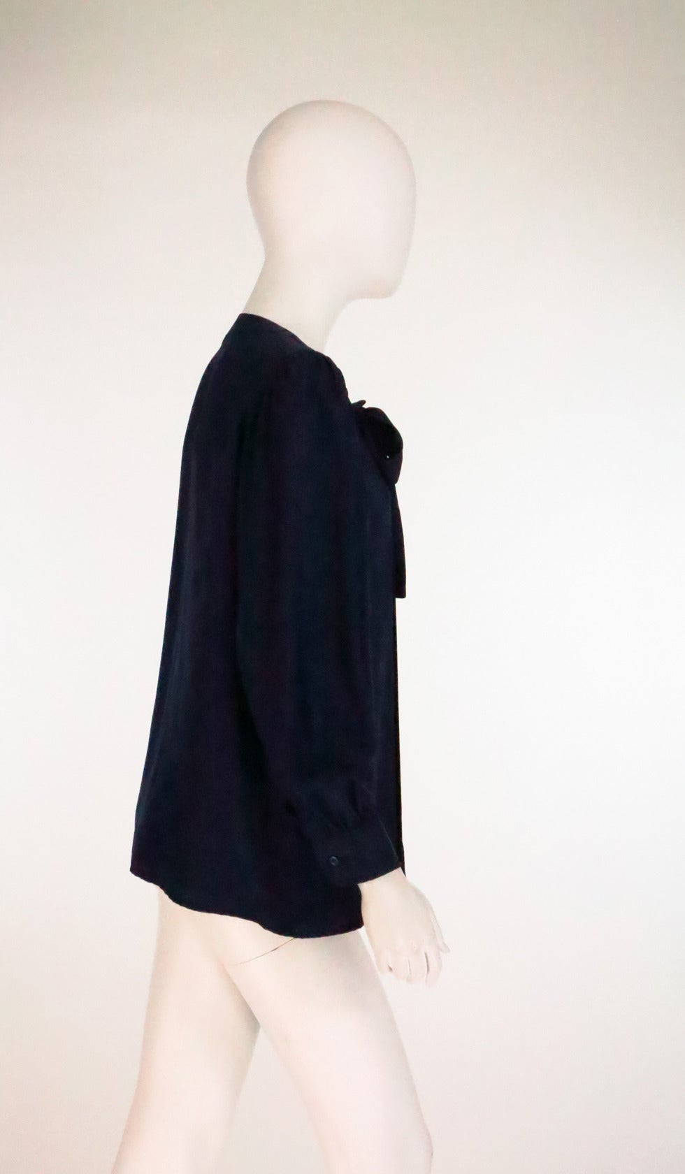 1990s Yves St Laurent navy blue silk bow tie blouse 3