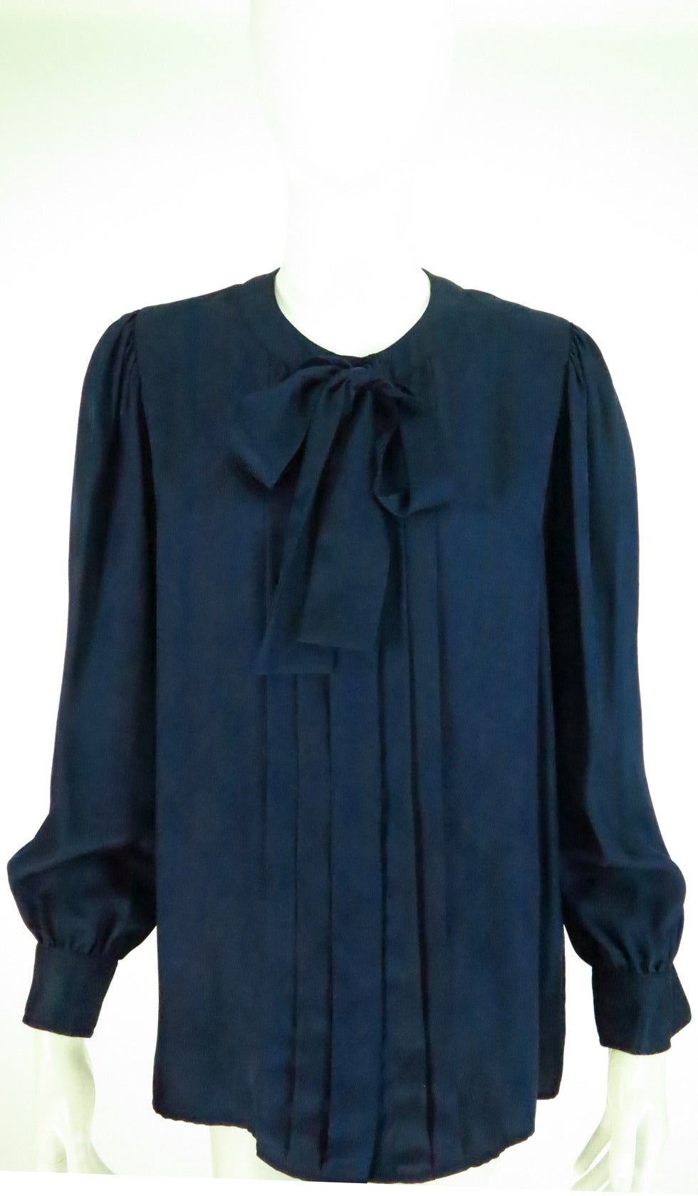 1990s Yves St Laurent navy blue silk bow tie blouse 5