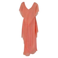 1970s Travilla plunge front coral fringed crepe tiered dress