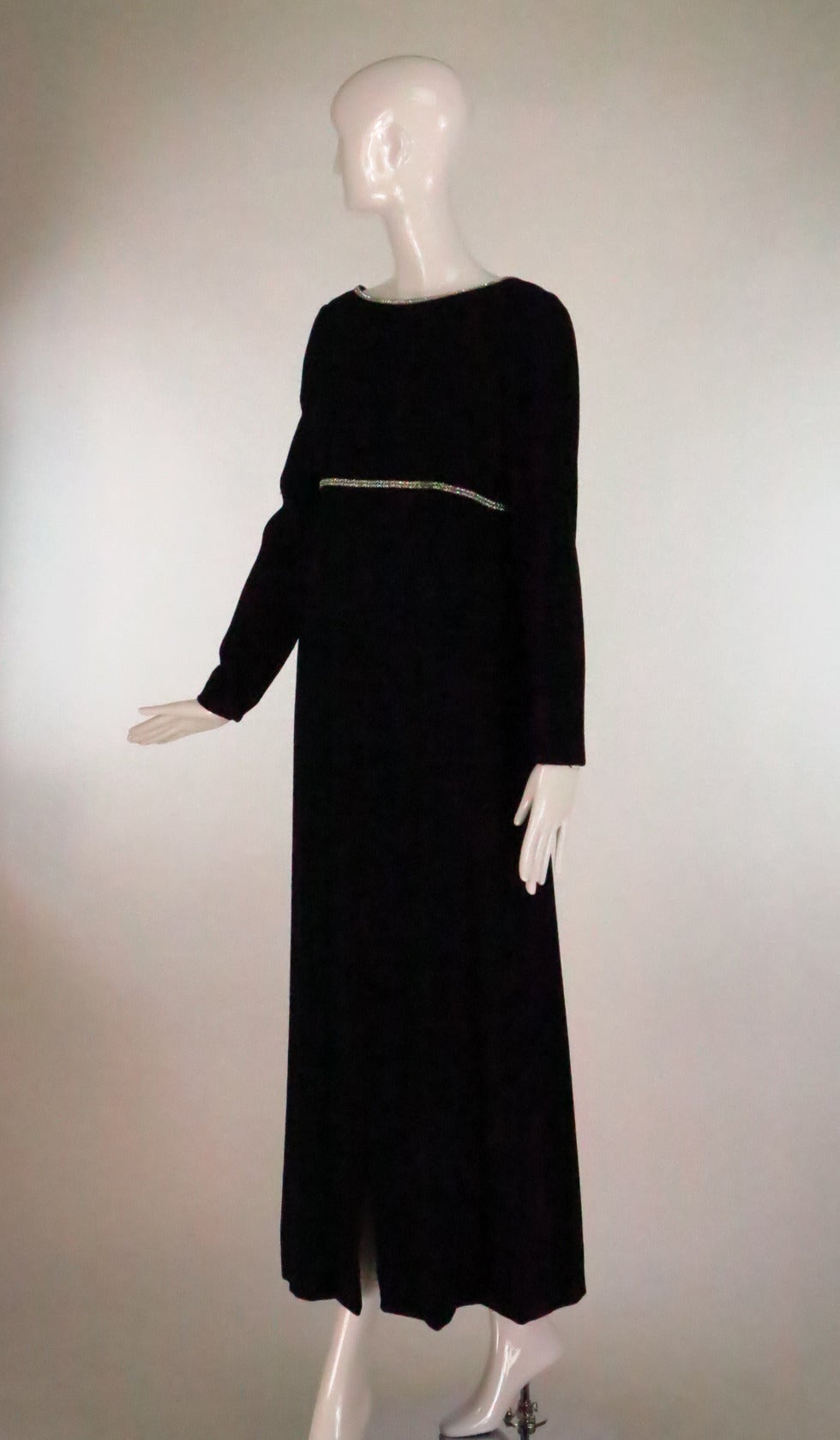Black 1960s Mollie Parnis wool crepe gown with sequin trim