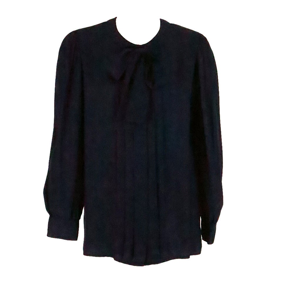 1990s Yves St Laurent navy blue silk bow tie blouse