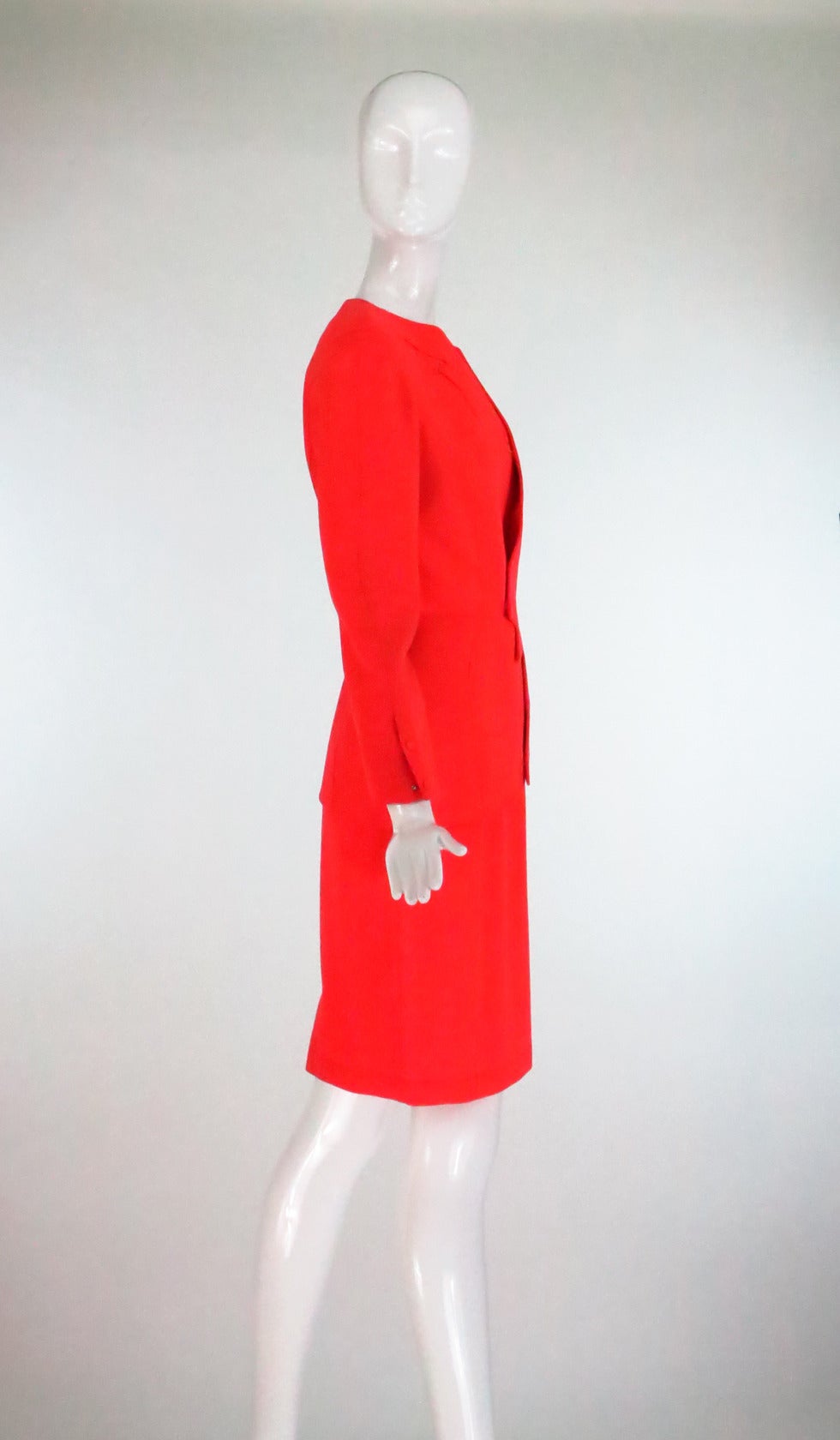 Red 1980s Thierry Mugler bright orange futurist wool gabardine suit