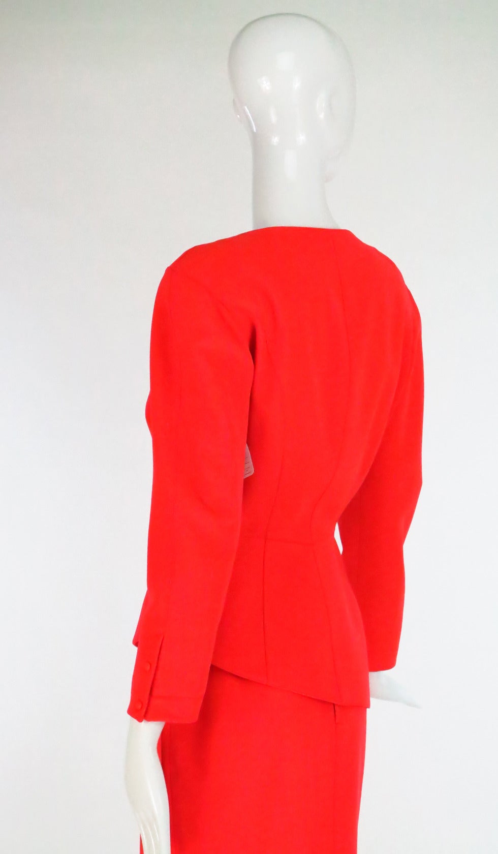 1980s Thierry Mugler bright orange futurist wool gabardine suit 1
