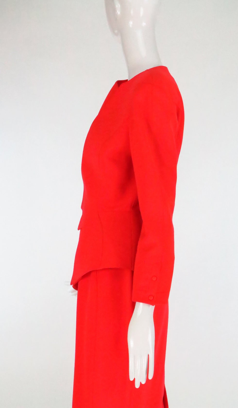 1980s Thierry Mugler bright orange futurist wool gabardine suit 2
