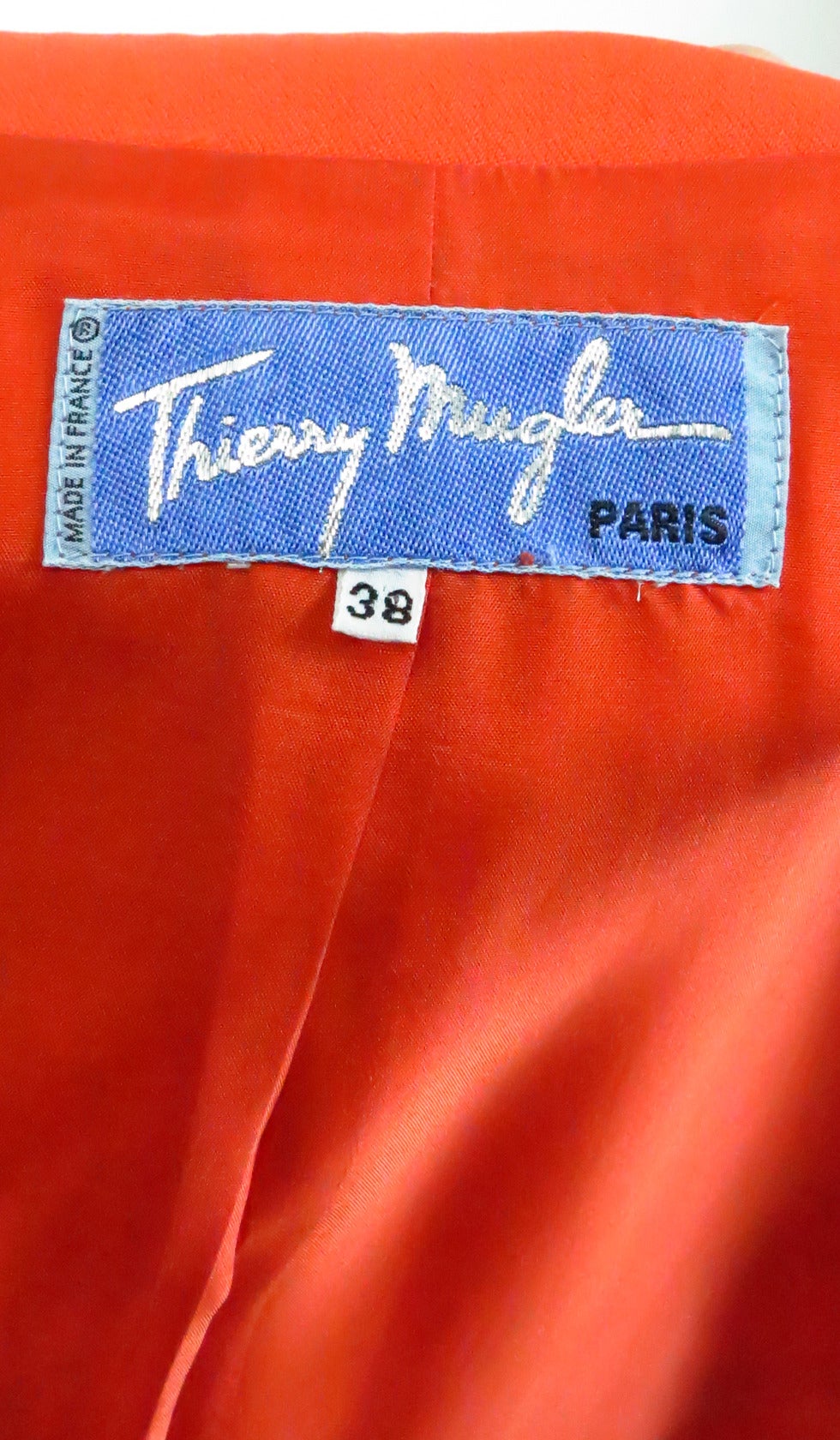 1980s Thierry Mugler bright orange futurist wool gabardine suit 4