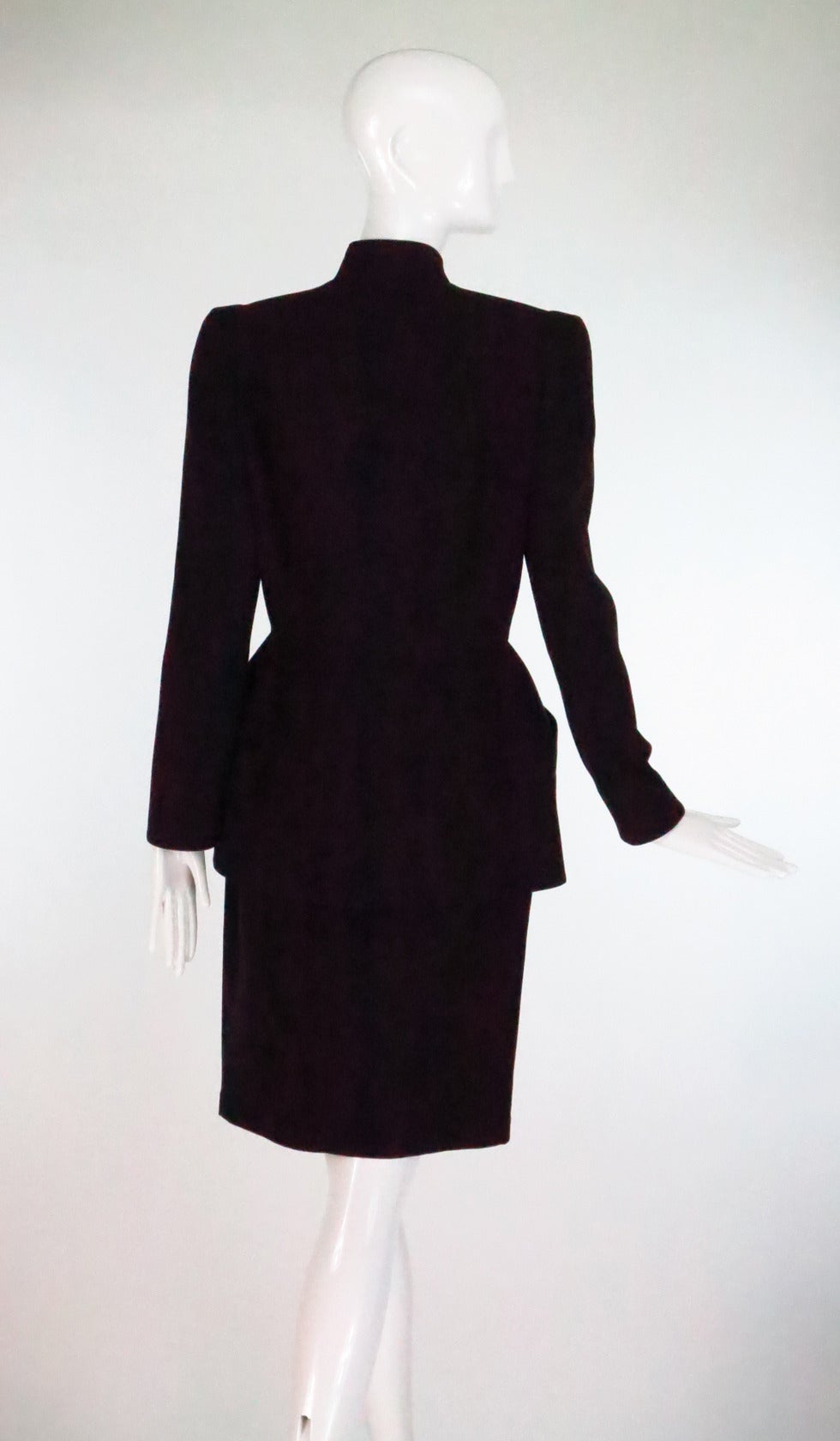 Women's 1980s Thierry Mugler dark brown wool gabardine nipped waist peplum skirt suit