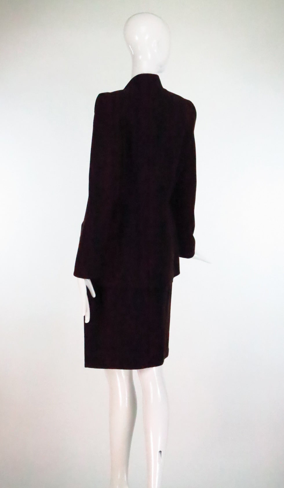 1980s Thierry Mugler dark brown wool gabardine nipped waist peplum skirt suit 1