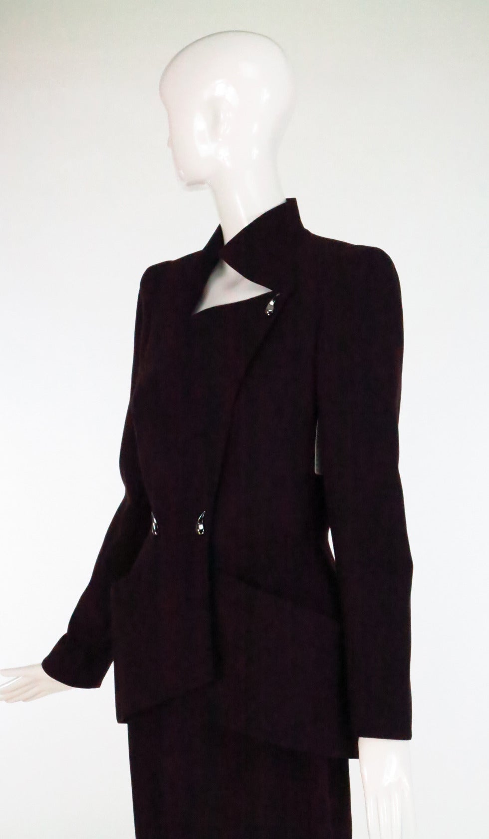 1980s Thierry Mugler dark brown wool gabardine nipped waist peplum skirt suit 3