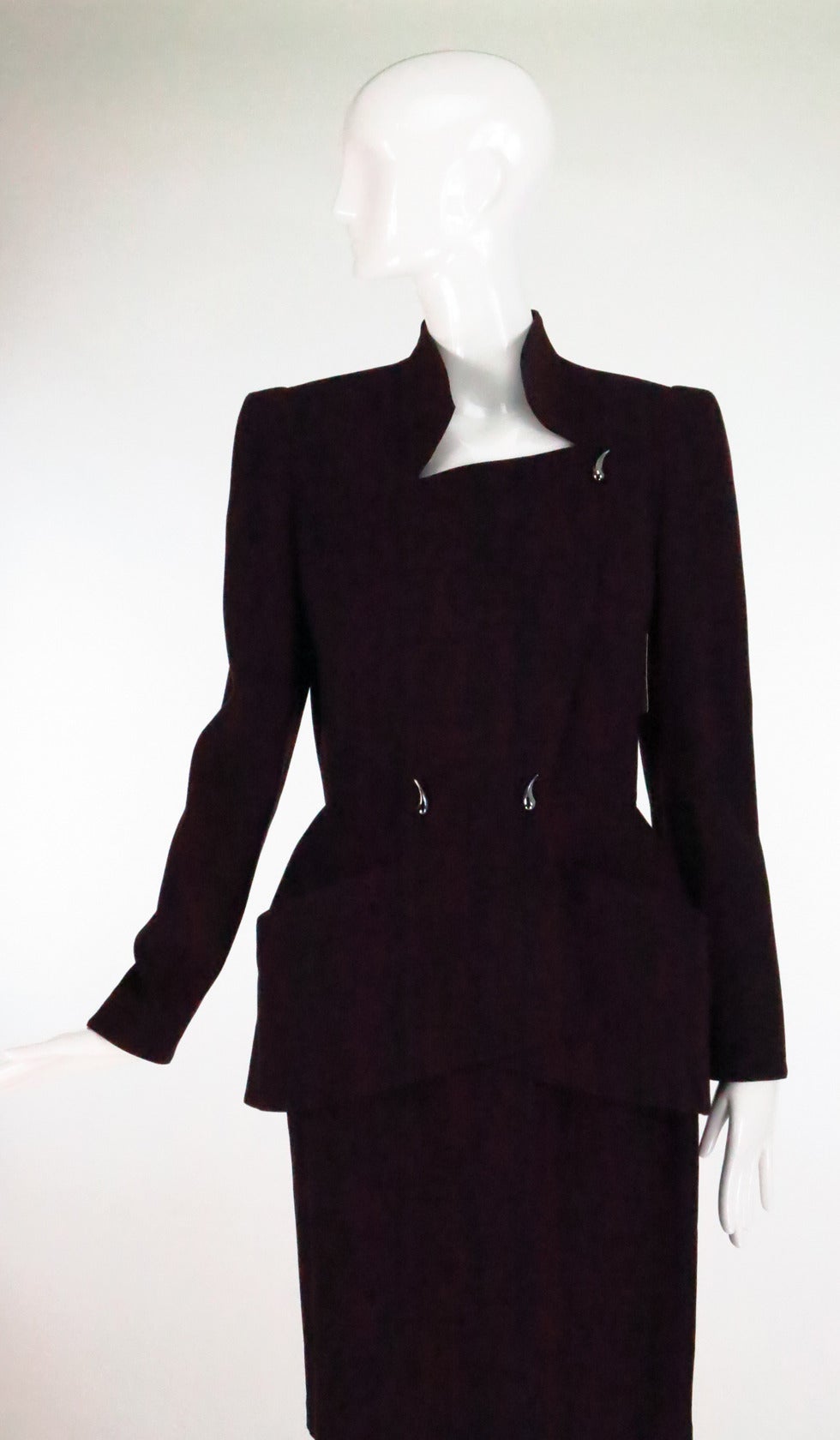 1980s Thierry Mugler dark brown wool gabardine nipped waist peplum skirt suit 4