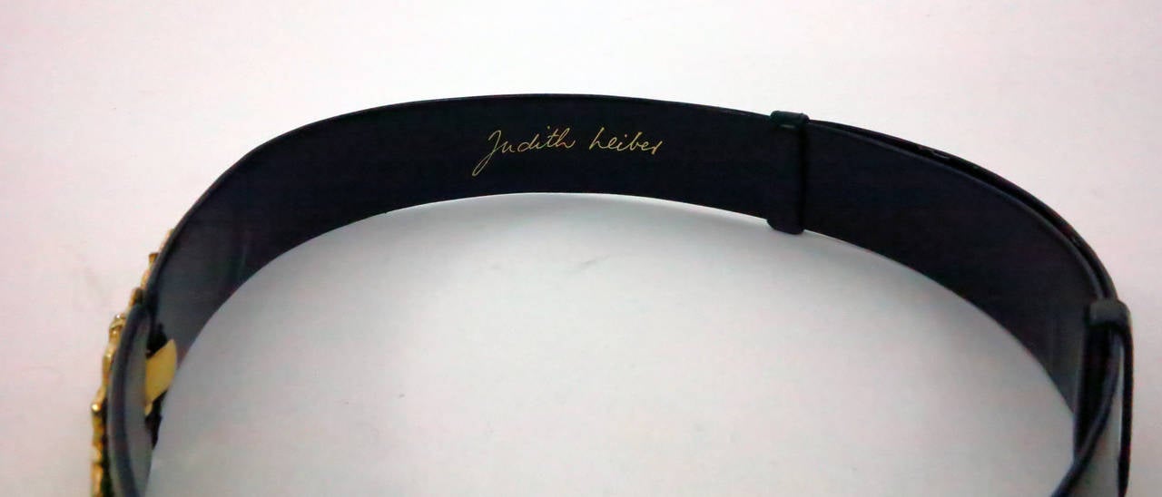 Women's Judith Leiber black leather belt with gold clasp
