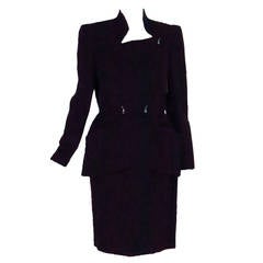 1980s Thierry Mugler dark brown wool gabardine nipped waist peplum skirt suit