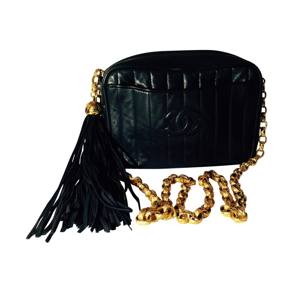 1980s Chanel navy blue lambskin camera bag with tassel