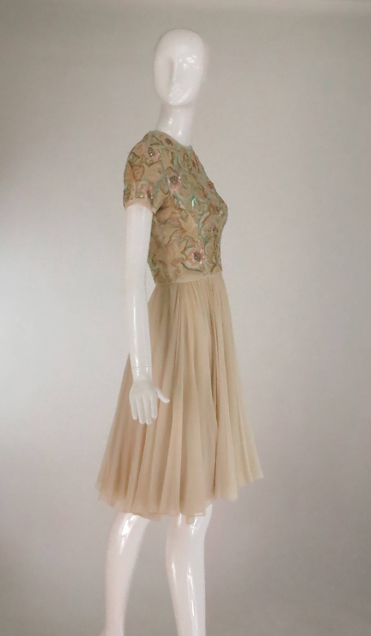 1960s Unlabeled Ivory Silk Dress w Chenille Applique & Beading Detail