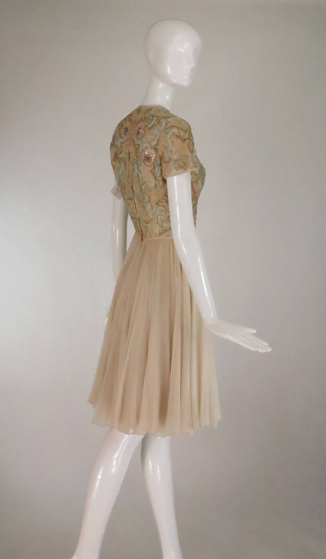 1960s beaded & applique silk chiffon cocktail dress In Excellent Condition In West Palm Beach, FL
