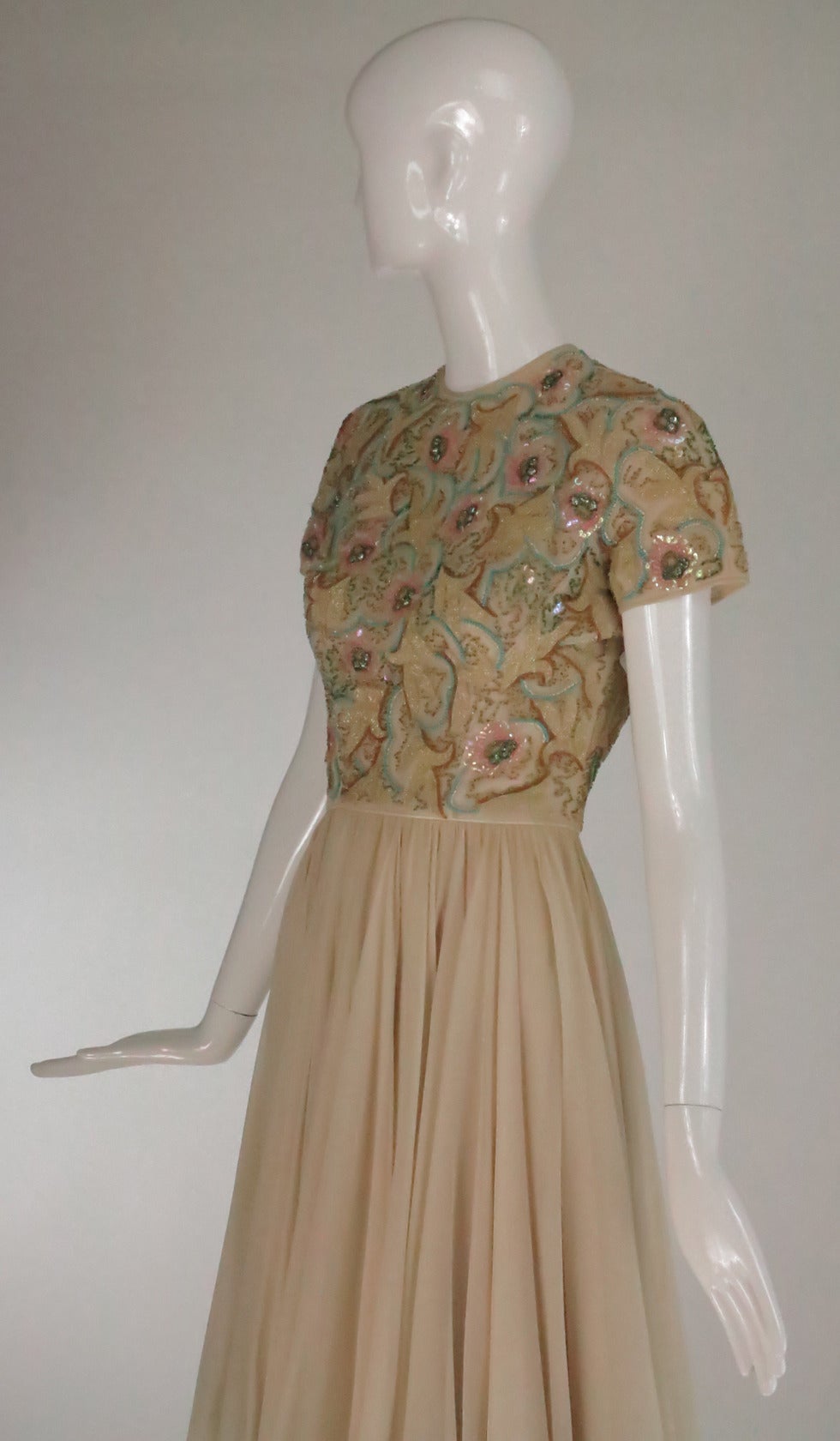 1960s beaded & applique silk chiffon cocktail dress 3