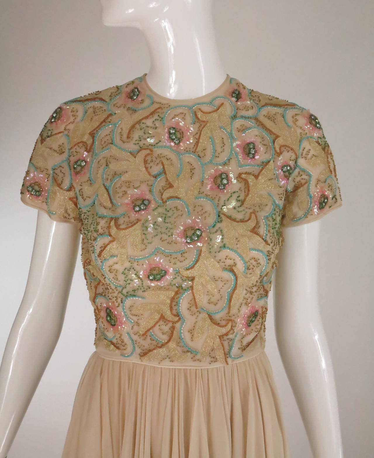 1960s beaded & applique silk chiffon cocktail dress 4