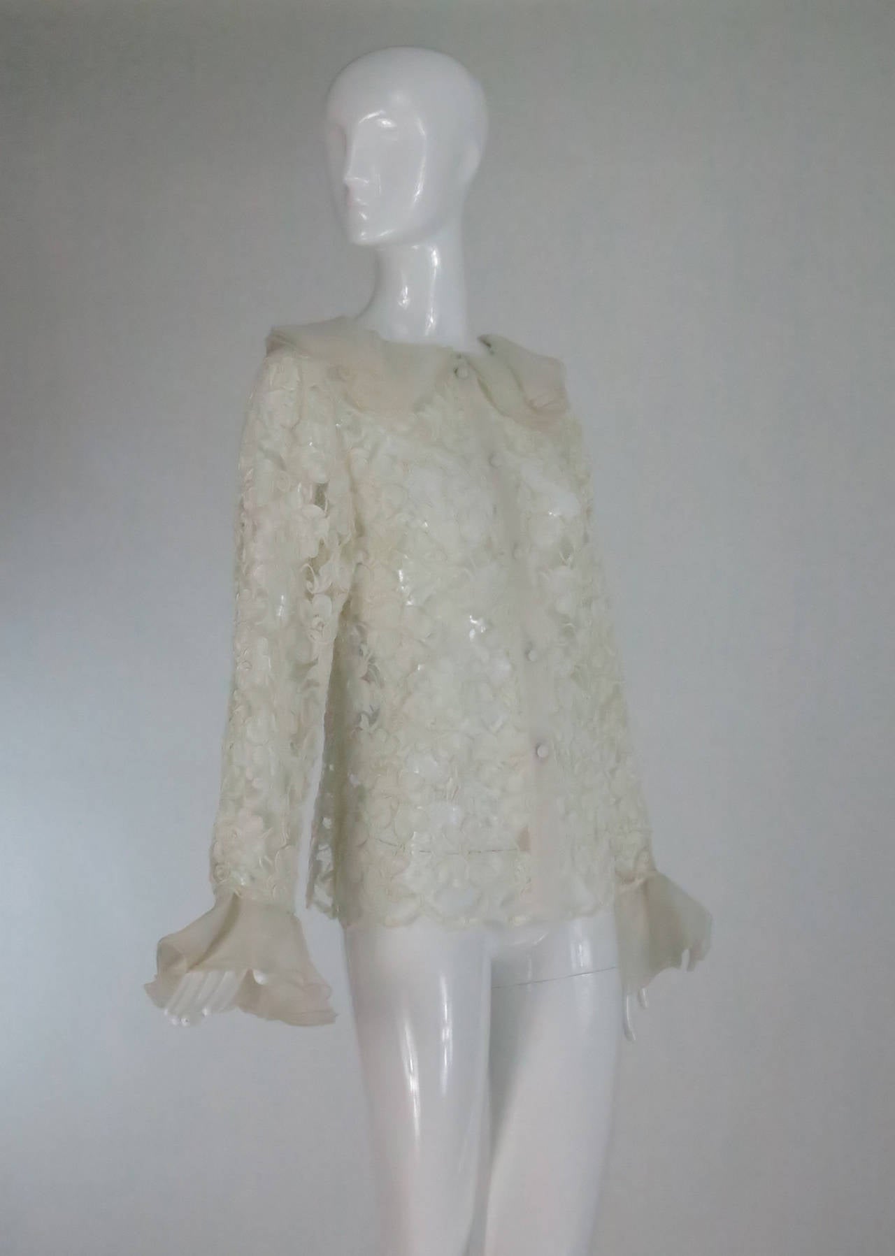 1970s cream lace & silk organza ruffle trim blouse Carlos Arturo Zapata 5