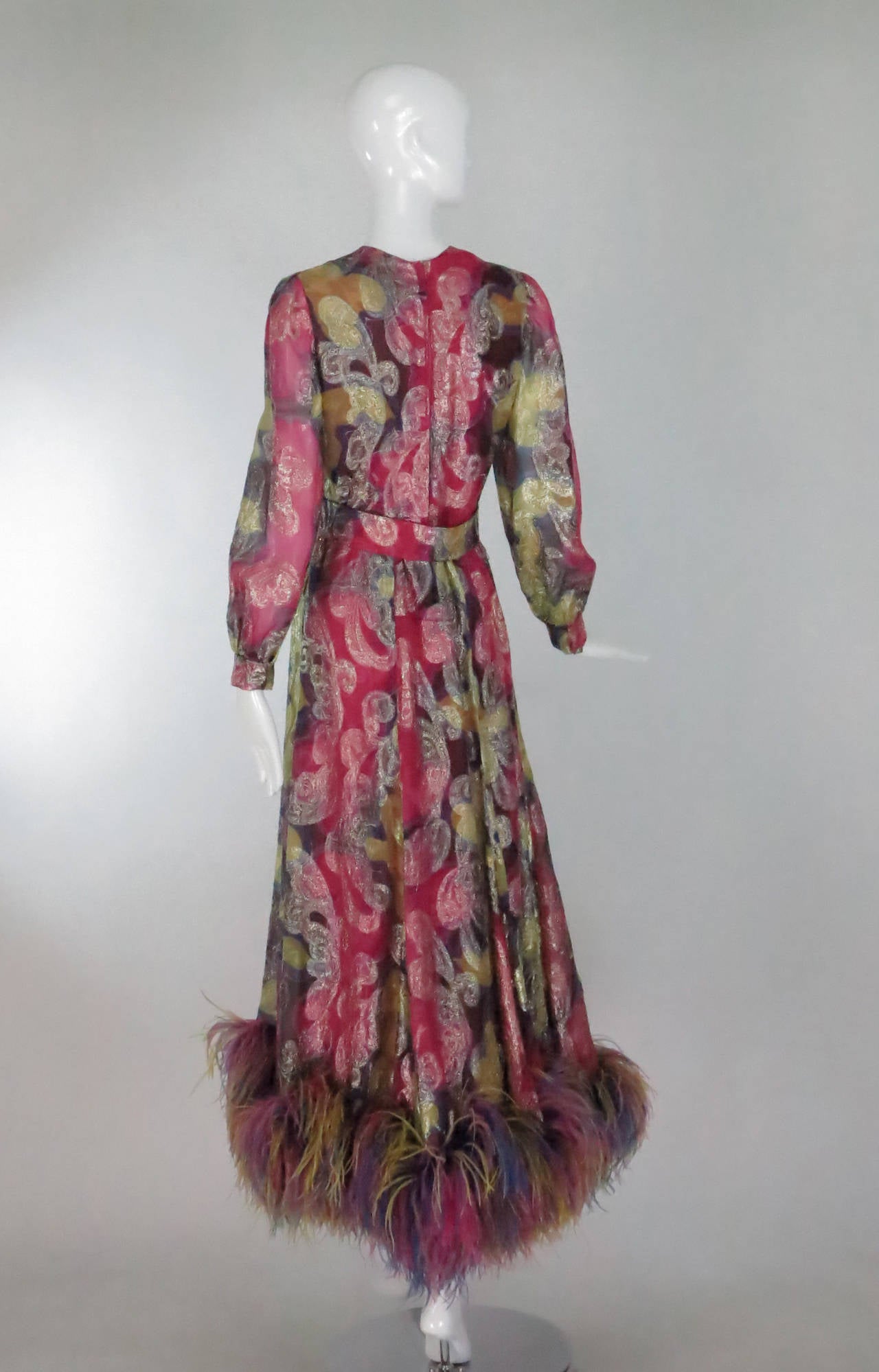 Women's 1970s Oscar de la Renta metallic chiffon feather hem gown
