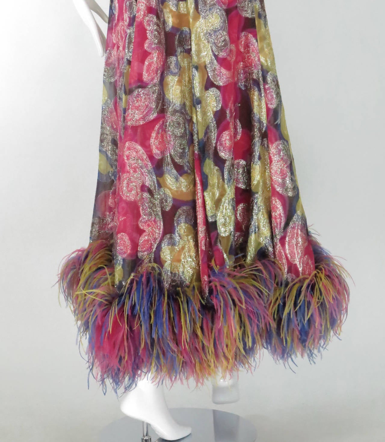 1970s Oscar de la Renta metallic chiffon feather hem gown 1