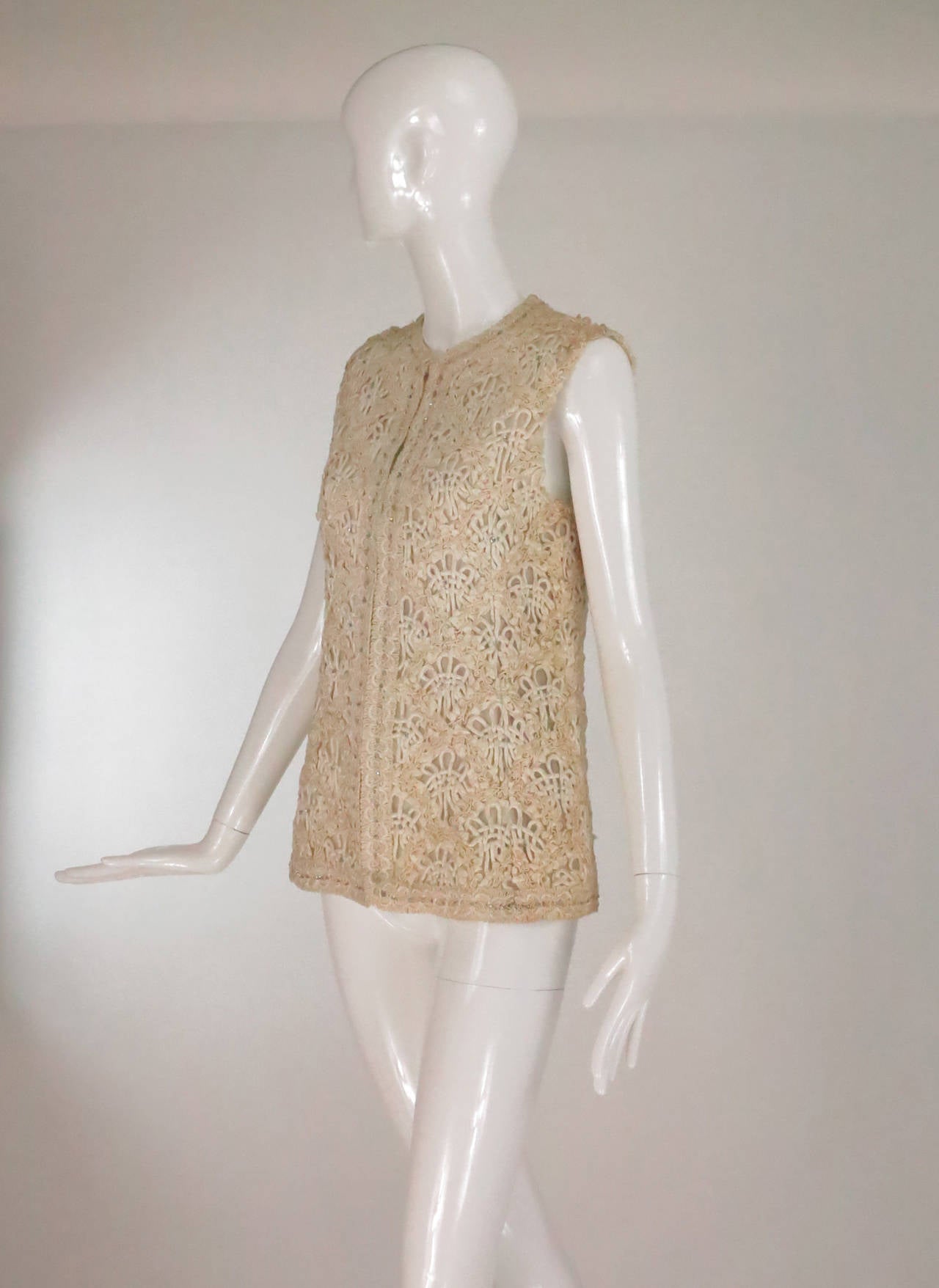 Brown 1960s Malcolm Starr ivory corded macrame sleeveless jacket For Sale
