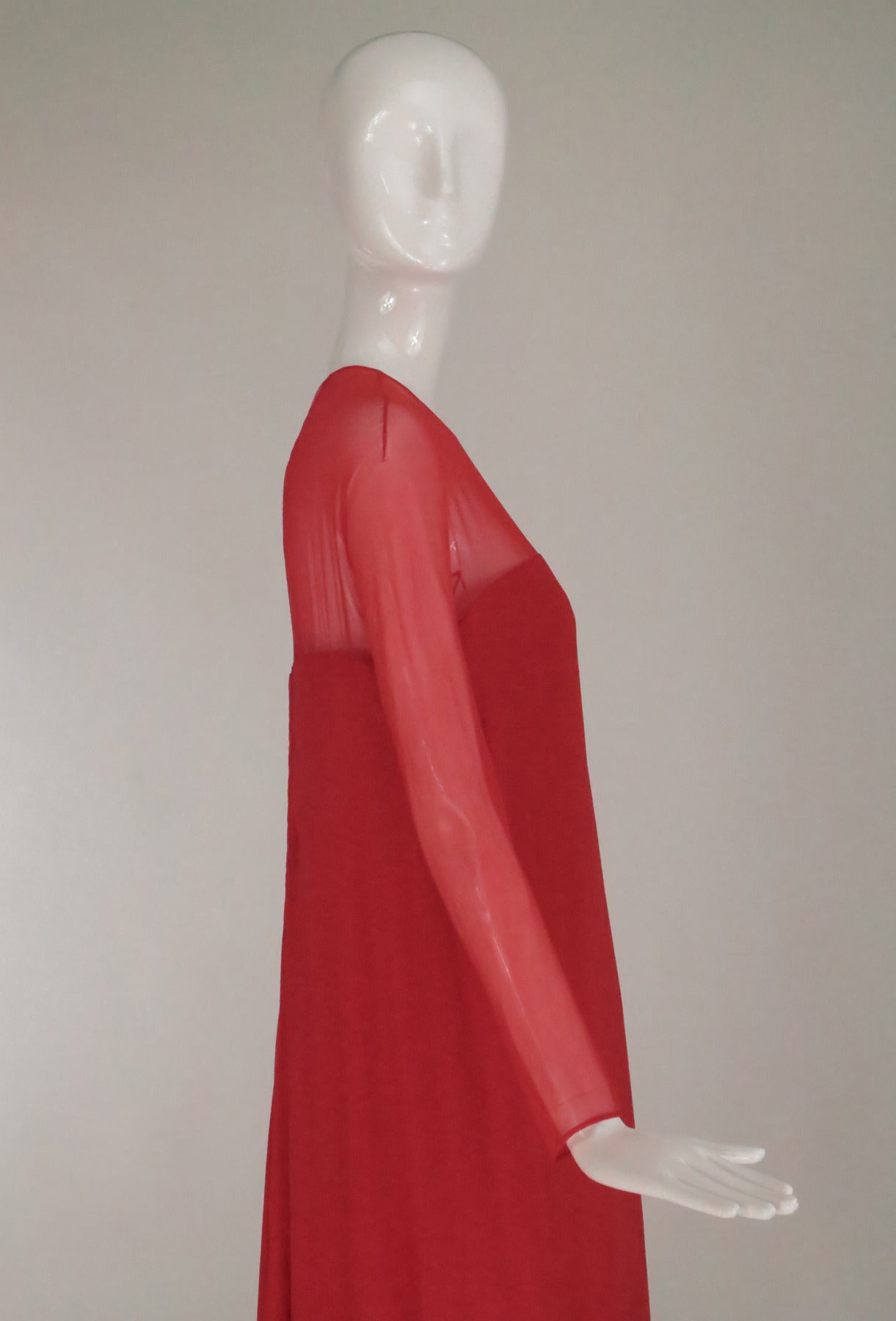 1960s Sarmi coral red silk chiffon gown 1