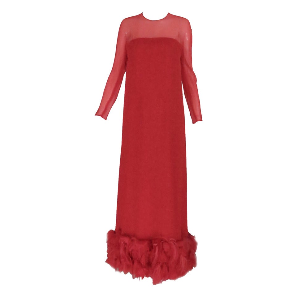 1960s Sarmi coral red silk chiffon gown