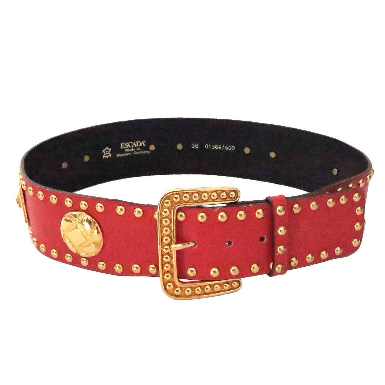 Escada coral red leather with gold studded applique belt For Sale at ...